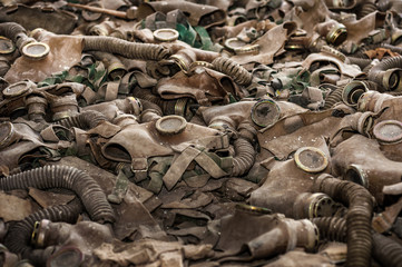 Vintage photo of many gasmasks