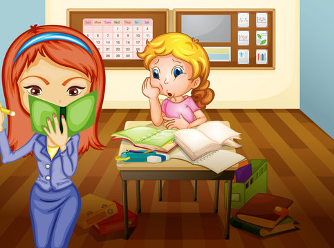 a girl and teacher in classroom