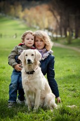 mother, son and  dog