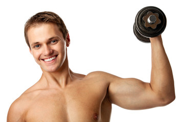 Fototapeta na wymiar Muscular young man lifting a dumbbell over white background