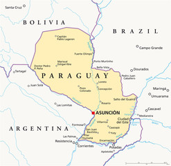 Paraguay political map with capital Asuncion, national borders, most important cities, rivers and lakes. Illustration with English labeling and scaling. Vector.