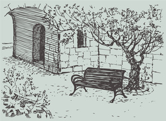 Vector Sketch. Cozy bench under tree in quiet courtyard