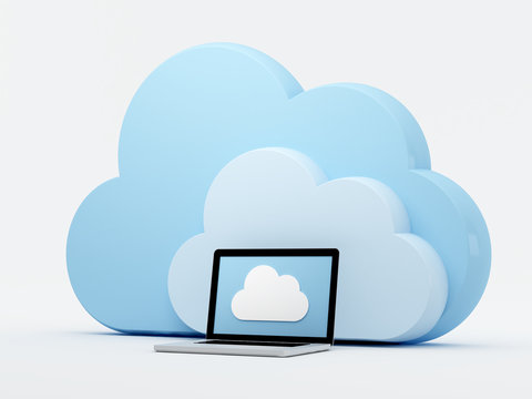 Cloud computing, laptop in front of virtual cloud