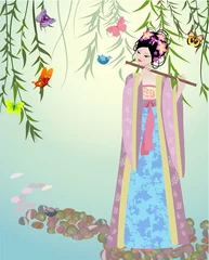 Möbelaufkleber Blumen Frau Chinesisches Mädchen am See gekleidet