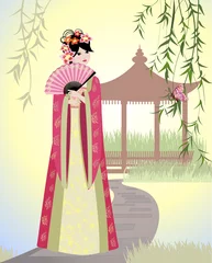 Photo sur Plexiglas Femme fleurs Paysage chinois avec fille
