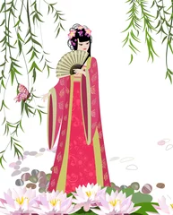 Poster Bloemenmeisje Chinees landschap met meisje