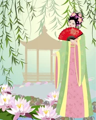 Photo sur Plexiglas Femme fleurs Paysage chinois avec fille