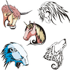 heads of wolf, polar bear, unicorn, horse and bull