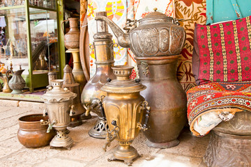 Typical vintage metal teapots in Jeruslalem