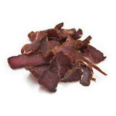 Biltong-(beef jerky) isolated on a white studio background.