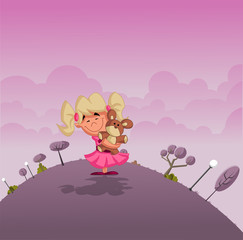 Fille de dessin animé tenant un ours en peluche sur le parc rose