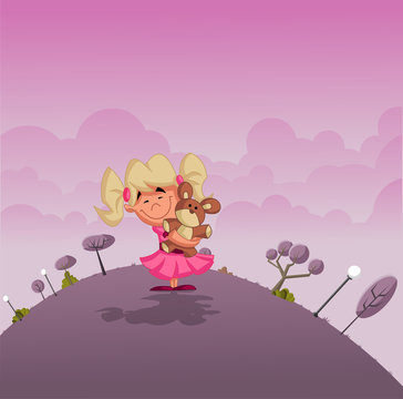 Cartoon Girl Holding Teddy Bear On Pink Park