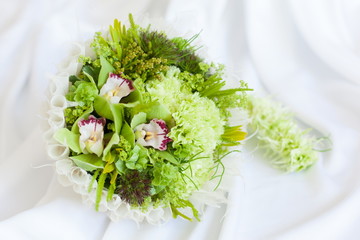 Bridal wedding bouquet of flowers on wedding day