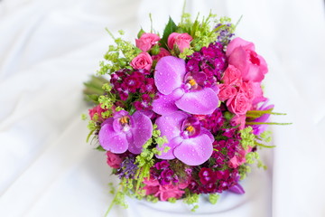 Bridal wedding bouquet of flowers on wedding day