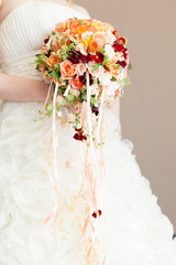 Bridal wedding bouquet of flowers on wedding day
