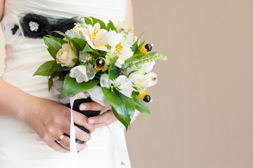 Bridal wedding bouquet of flowers on wedding day