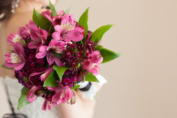 Bridal wedding bouquet of flowers on wedding day