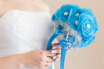 Bridal wedding bouquet of flowers on wedding day