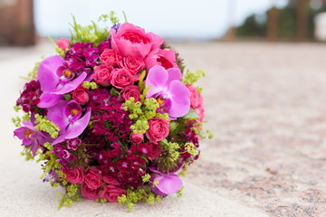 Bridal wedding bouquet of flowers on wedding day