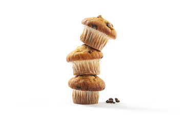 Three freshly baked chocolate muffins on white background