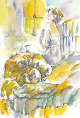 woman and sleeping dog