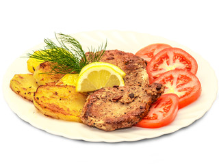 roasted steak meat with vegetables isolated on white background
