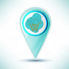 vector glossy shopping web icon design element. icon on a blue b
