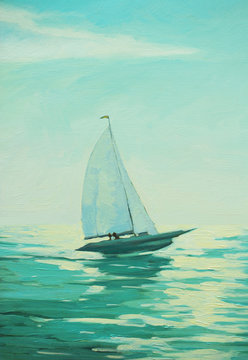 sailing boat in the morning sea, painting,  illustration