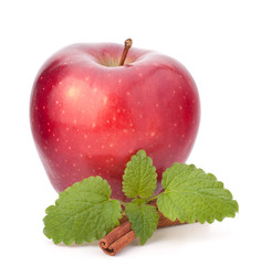 Red apple, cinnamon sticks and mint leaves
