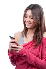 Naklejka premium Woman mobile cell phone mobile texting on touch screen