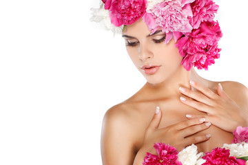 beautiful young girl with pink flowers