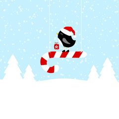 Penguin On Hanging Candy Cane Blue