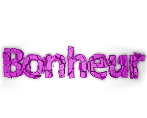 Bonheur en lettre violetes fracturé sur fond blanc