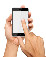 hands are holding and point on Smart Phone Isolated on white bac
