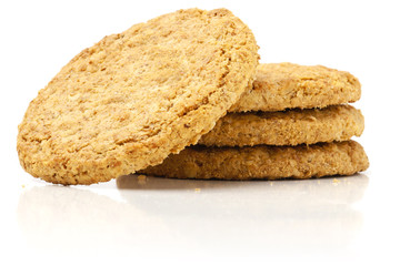 Tower of  wheat Biscuits from low viewpoint on white background.
