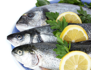 Fresh fishes with lemon and parsley on plate isolated on white
