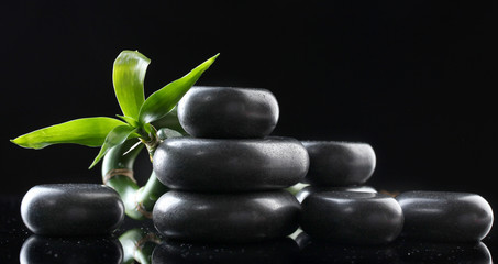 Fototapeta na wymiar Spa stones and green bamboo on grey background