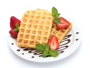 belgium waffles with strawberries and mint