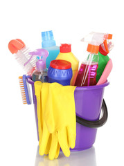 Cleaning items in bucket isolated on white
