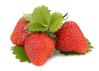 sweet ripe strawberries with leaves isolated on white