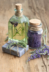 lavender oil, herbal soap and bath salt