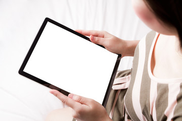 Woman reading the touch screen device