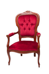 A red ancient armchair on a white background
