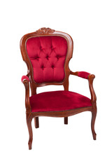 A red ancient armchair on a white background