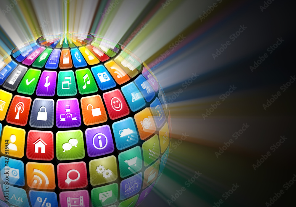 Poster glowing sphere from color application icons