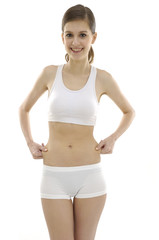 woman measuring waist on white background