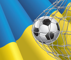 Soccer Goal. Ukrainian flag with a soccer ball in a net.