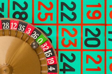 Roulette table, wheel and ball