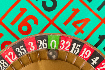Roulette table, wheel and ball