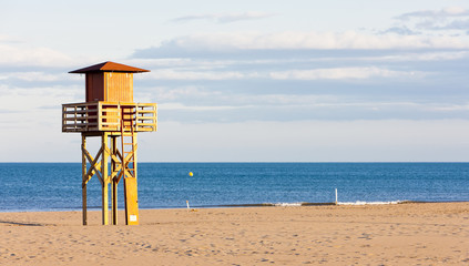 lifeguard cabin on the beach in Narbonne Plage, Languedoc-Roussi